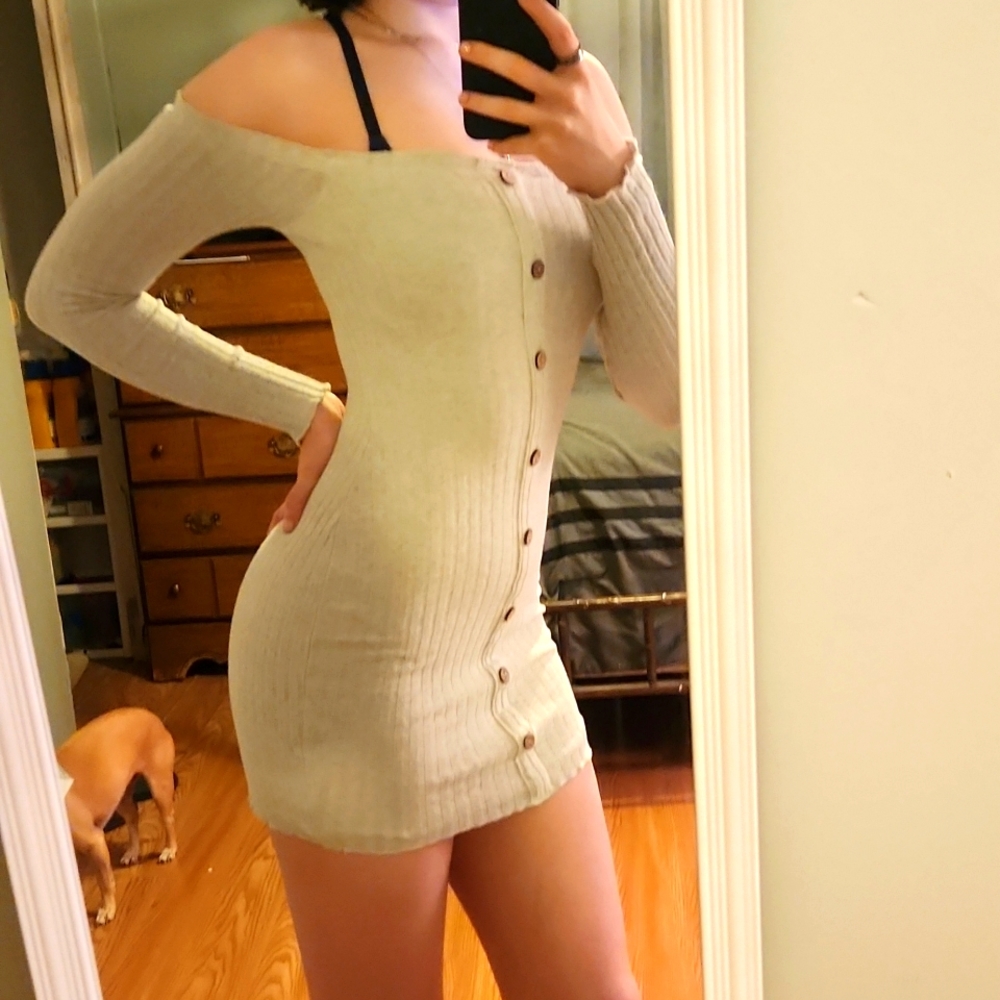 Off the shoulder stretchy knit mini dress